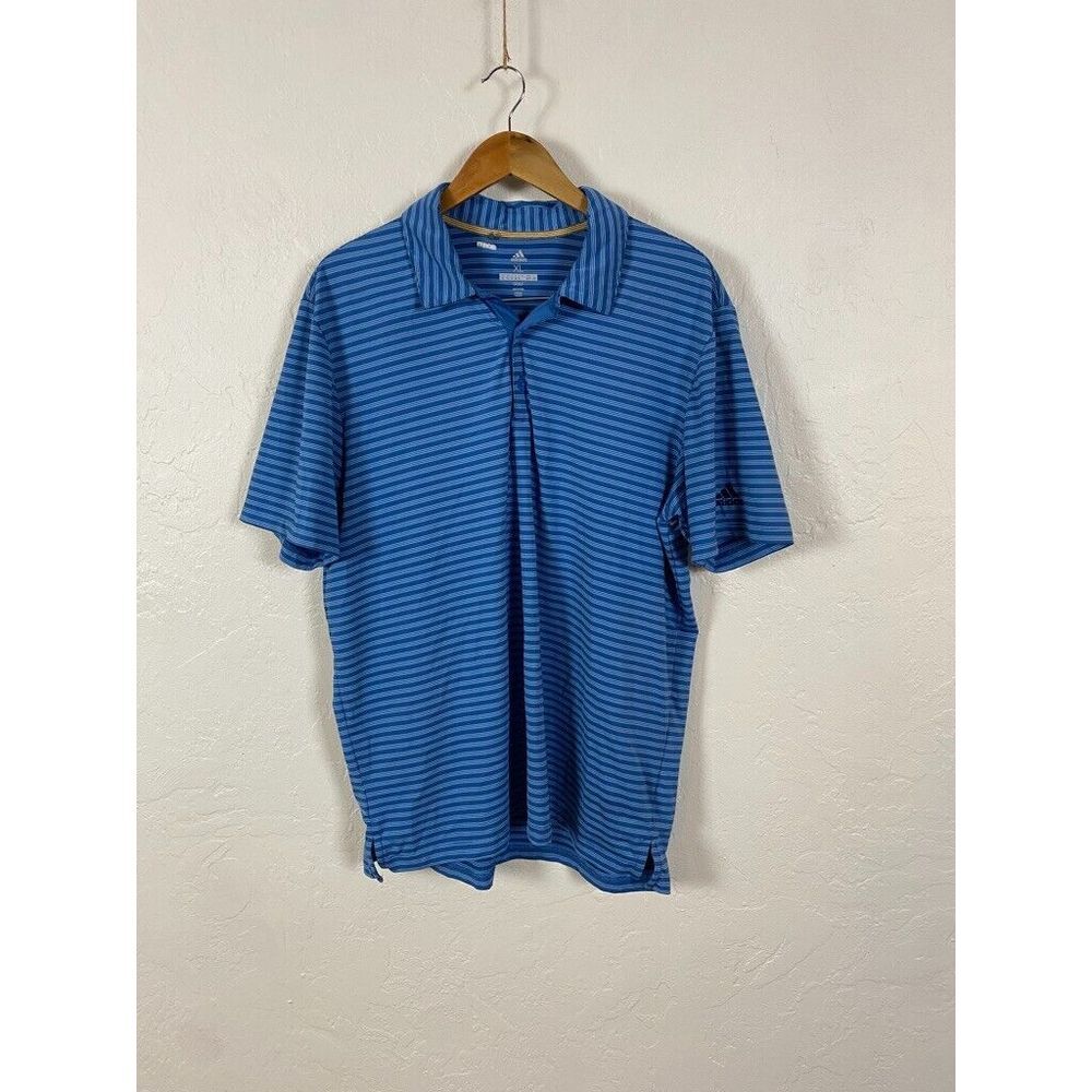 ADIDAS Golf Polo Mens XL Blue Striped SS‎ Polyester 88% Spandex 12% Stretch